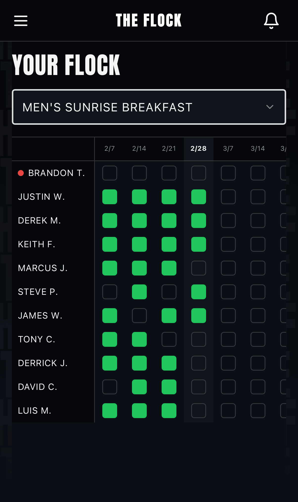 Mobile attendance grid with green presence indicators
