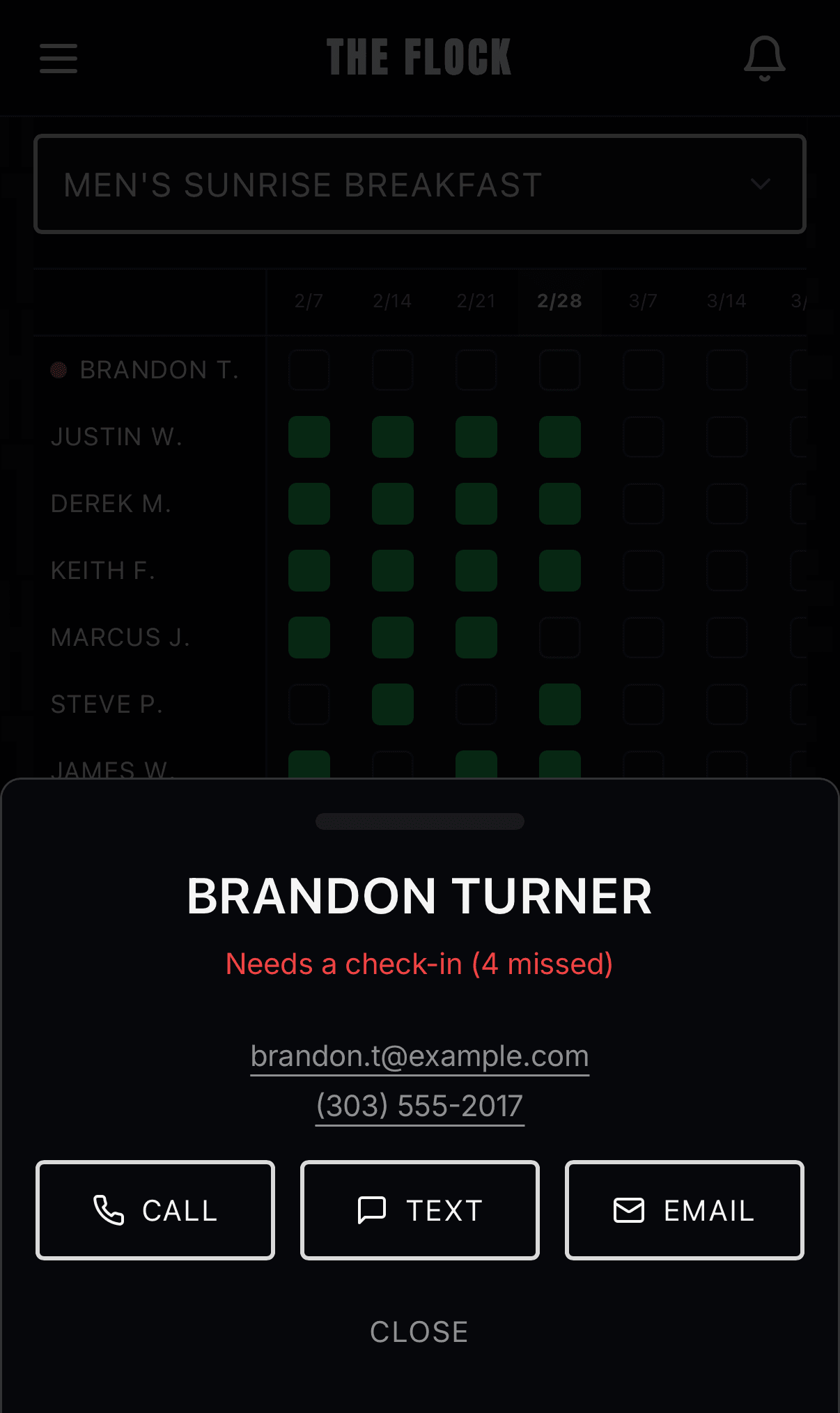 Signal alert showing member needs a check-in with contact options